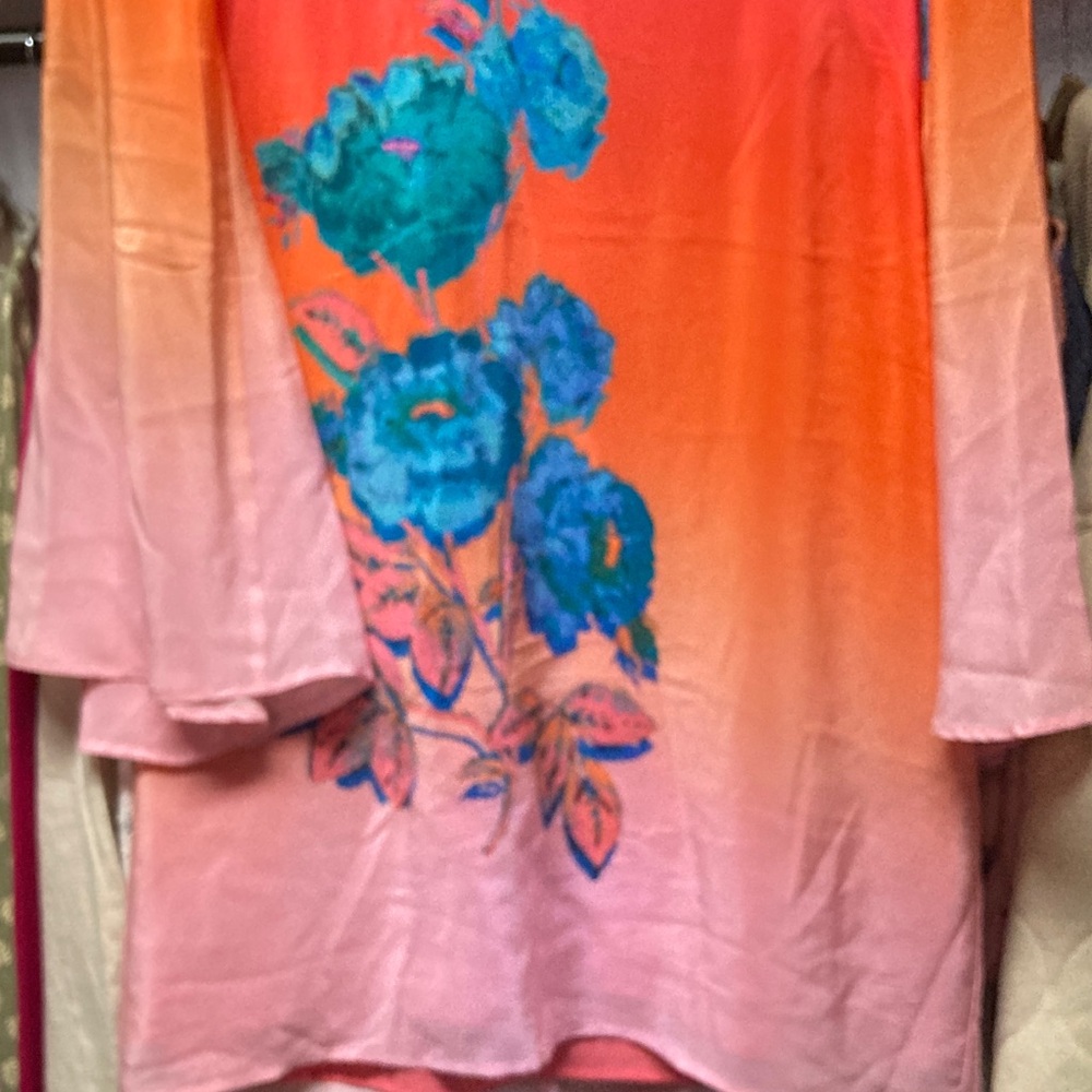 Nanette Lepore Orange Pink Floral Long Sleeve Silk Dress *MISSING NECKTIE - Picture 4 of 10